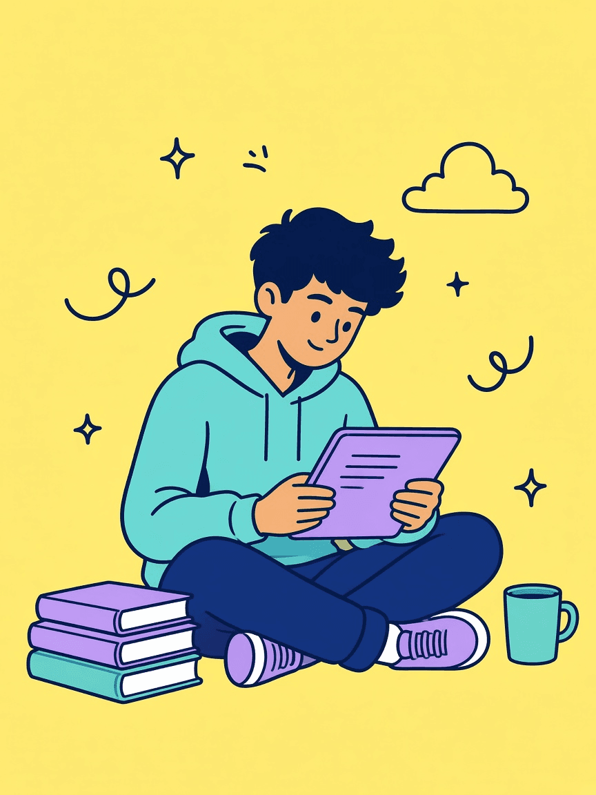 Student reading notes on a tablet
